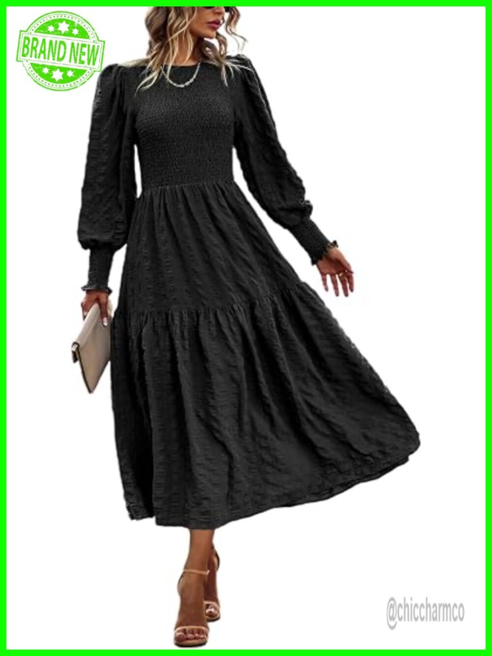 Puff Long Sleeve Smocked Maxi Dress - Empire Waist Tiered A-line Swing Flowy